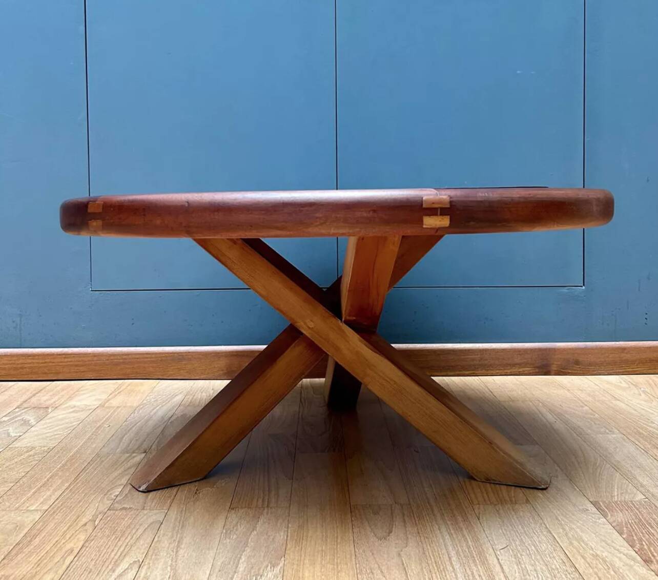 Vintage wooden coffee table with intersecting legs, France 1970