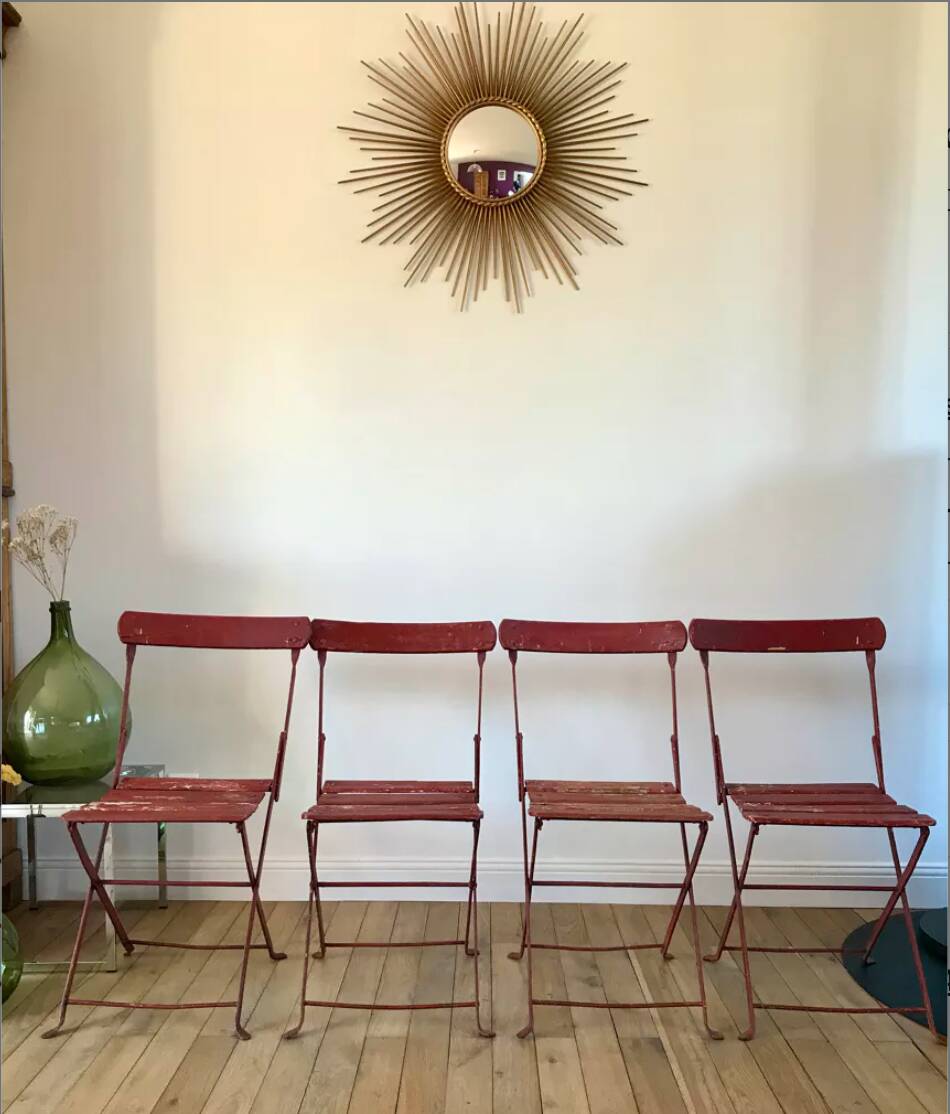 set of 4 folding iron and wood garden chairs early twentieth century