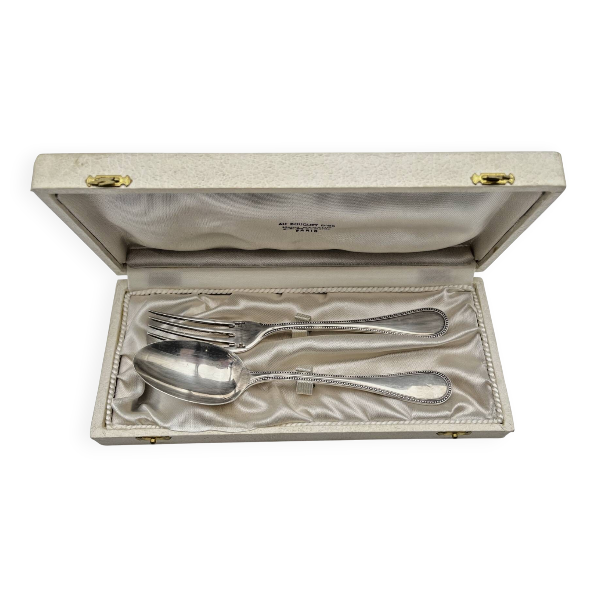 Christofle christening spoon and fork, Perle model, with case