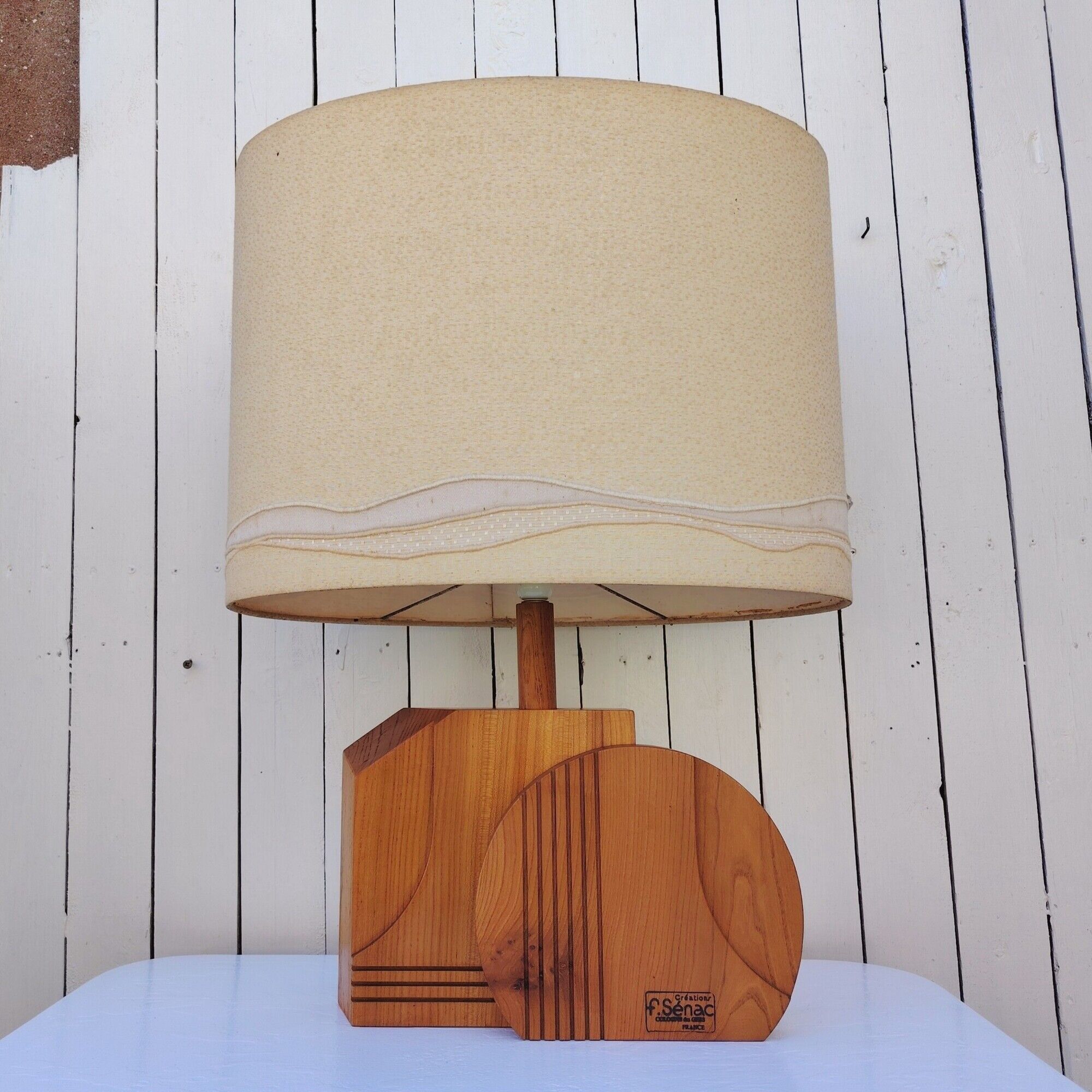 Large wooden lamp, geometric, 1970s design, F. Sénac
