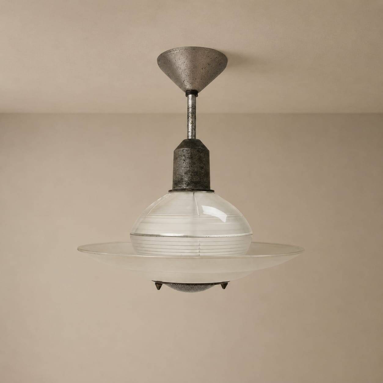 Art deco glass and steel ceiling lamp, 1920s