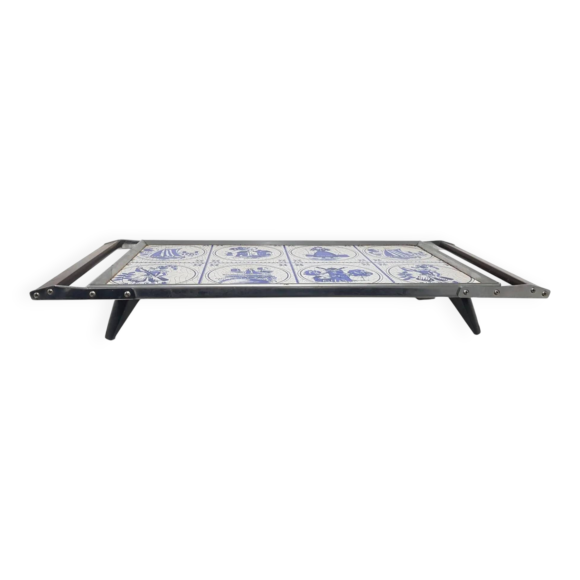 Heating plate, blue and white ceramic, brown rosewood, black metal, Germany, 1970s.
