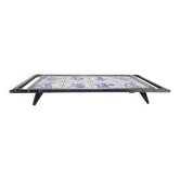 Heating plate, blue and white ceramic, brown rosewood, black metal, Germany, 1970s.