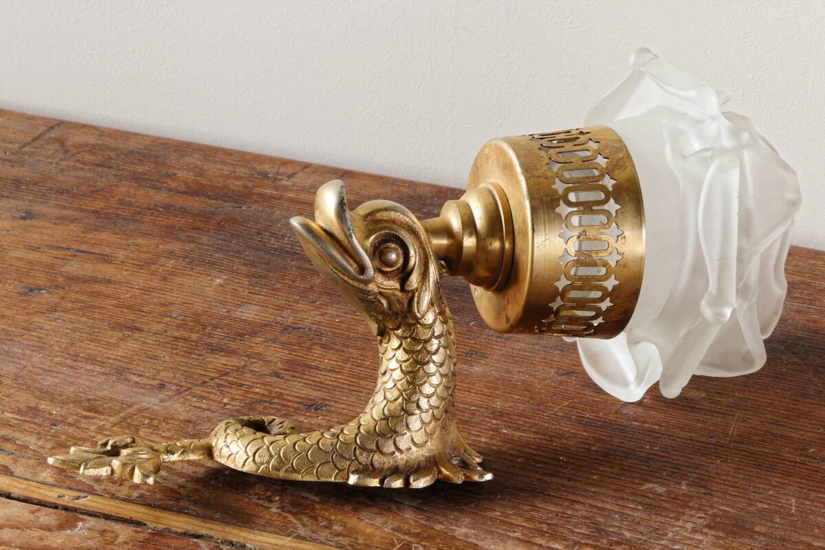 Wall-mounted candle holder, dolphin, bronze and gilded brass