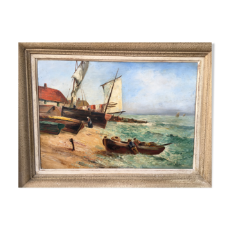 Oil panel on wood Marine "Boats on the shore" Guy the Florentine
