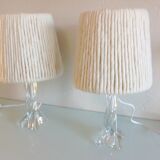 Pair of twisted glass foot bedside lamps and wool/vintage 60s and 70s lampshades