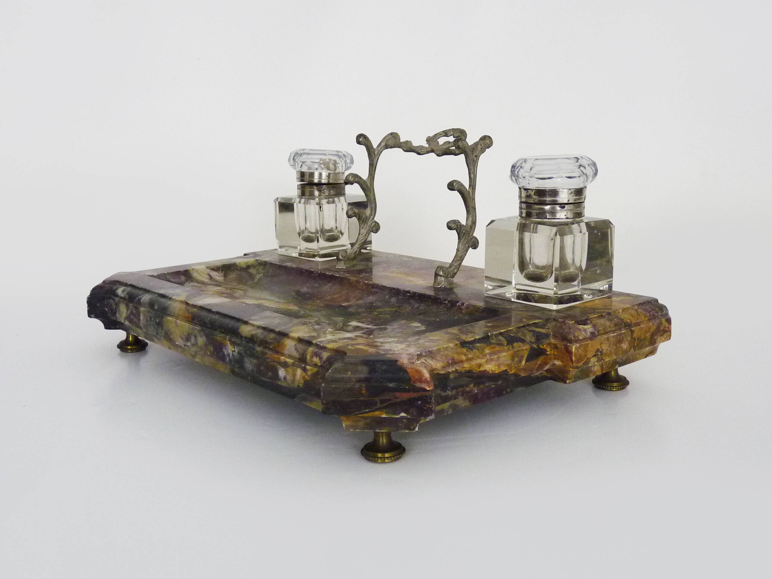 Inkwell nineteenth in marble and glass bottle