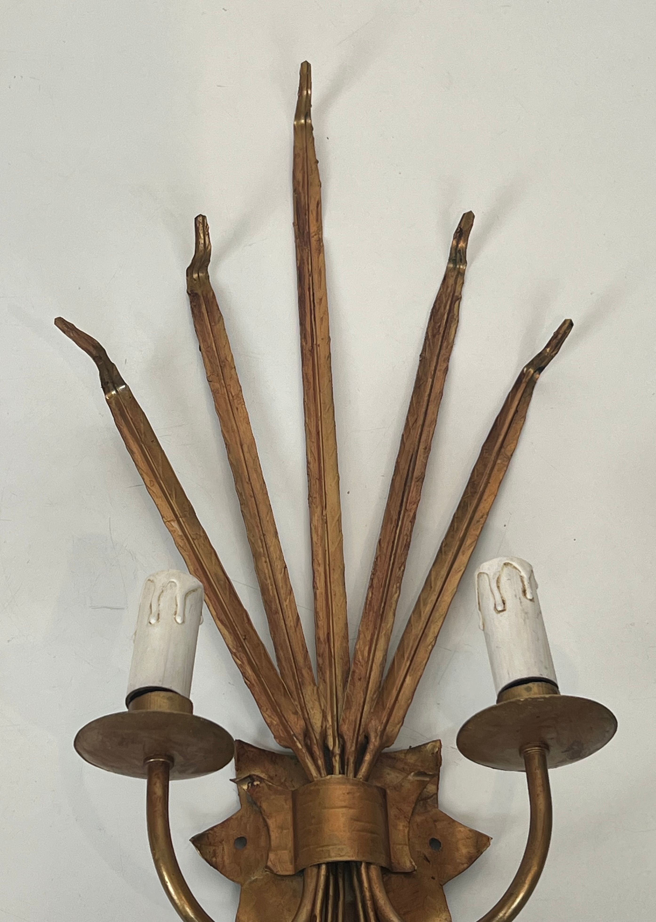 Pair of gold wall sconces with wheat ears in the style of Coco Chanel