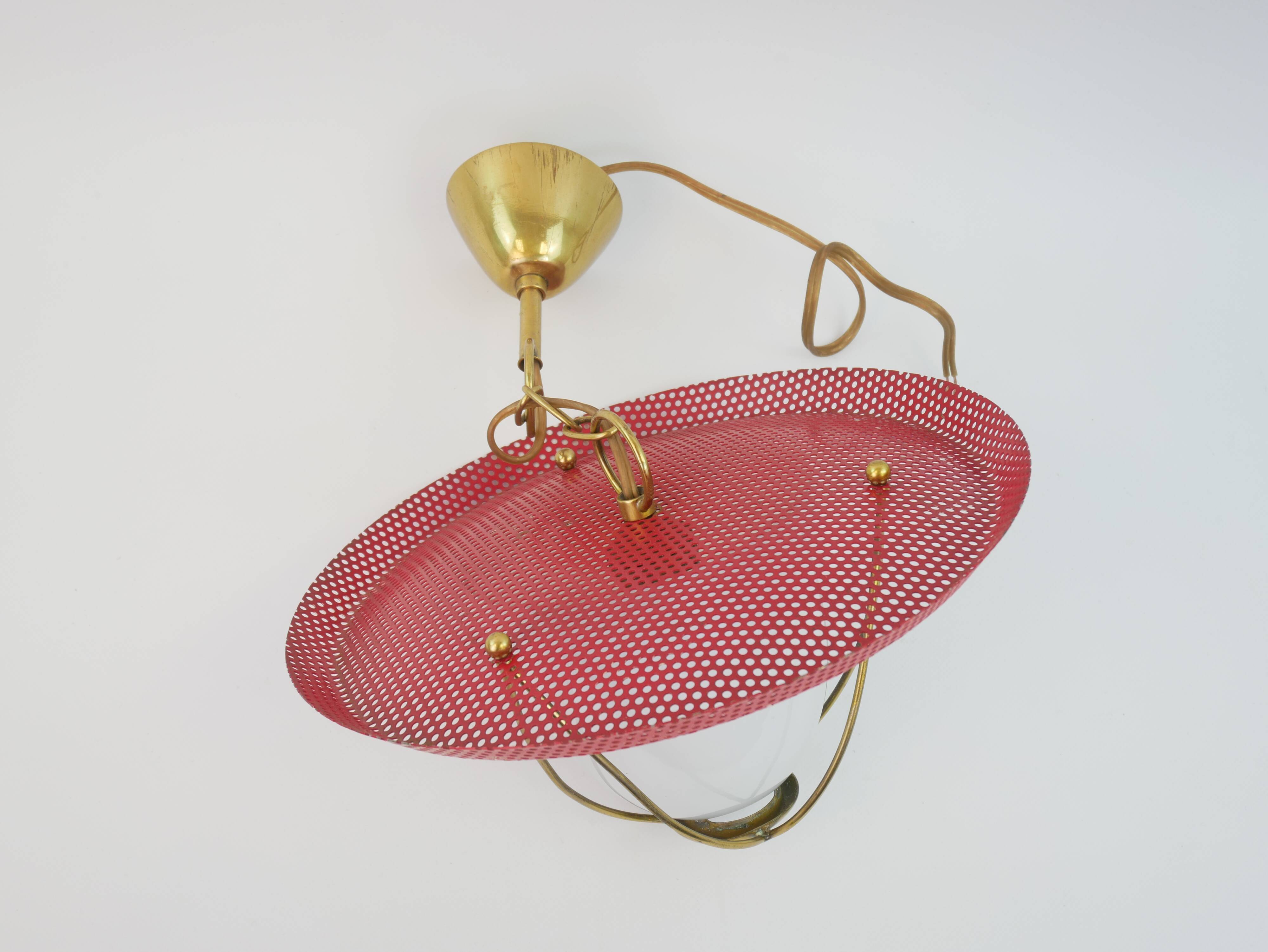 Suspension in perforated red lacquered metal, brass and opaline in the style of Mathieu Matégot
