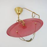 Suspension in perforated red lacquered metal, brass and opaline in the style of Mathieu Matégot