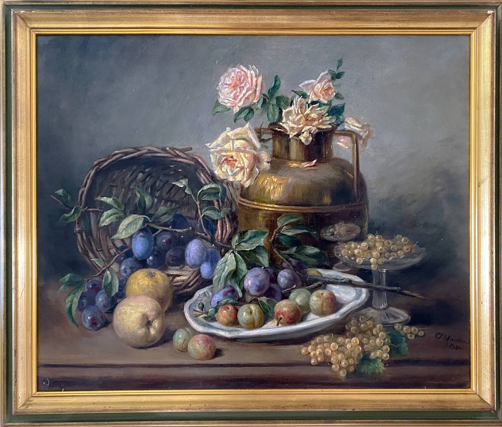 HST painting "Still life with roses and fruits" signed Maniere 1920