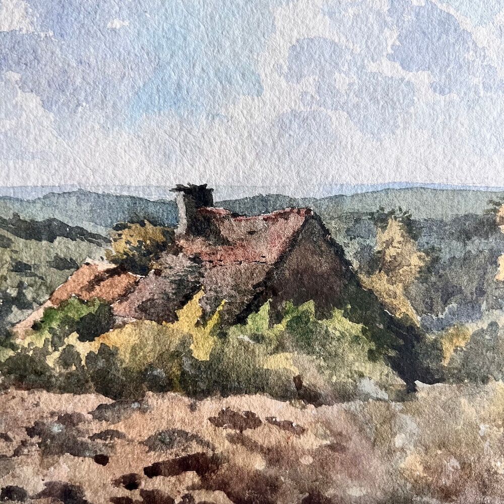 Watercolor framed countryside landscape