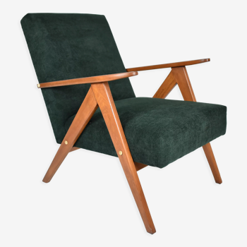 Restored compas armchair, green forest fabric, teak wood, 1960