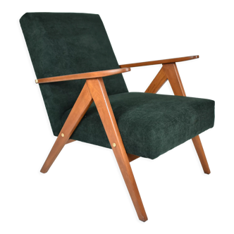 Restored compas armchair, green forest fabric, teak wood, 1960