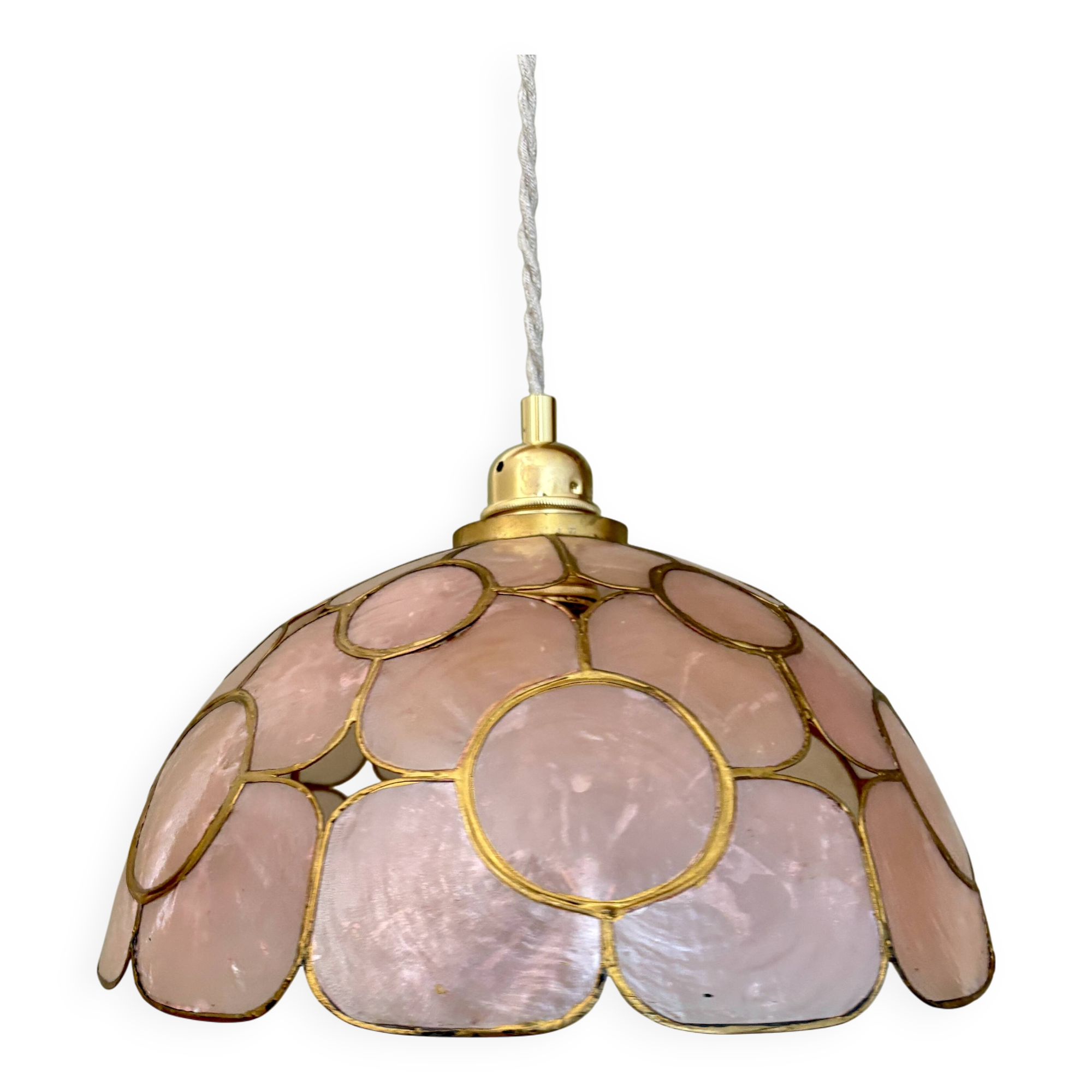 Vintage mother-of-pearl and brass lampshade pendant light