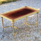 70s Neoclassical Style Coffee Table in Gilded Brass with Mahogany Veneer Top
