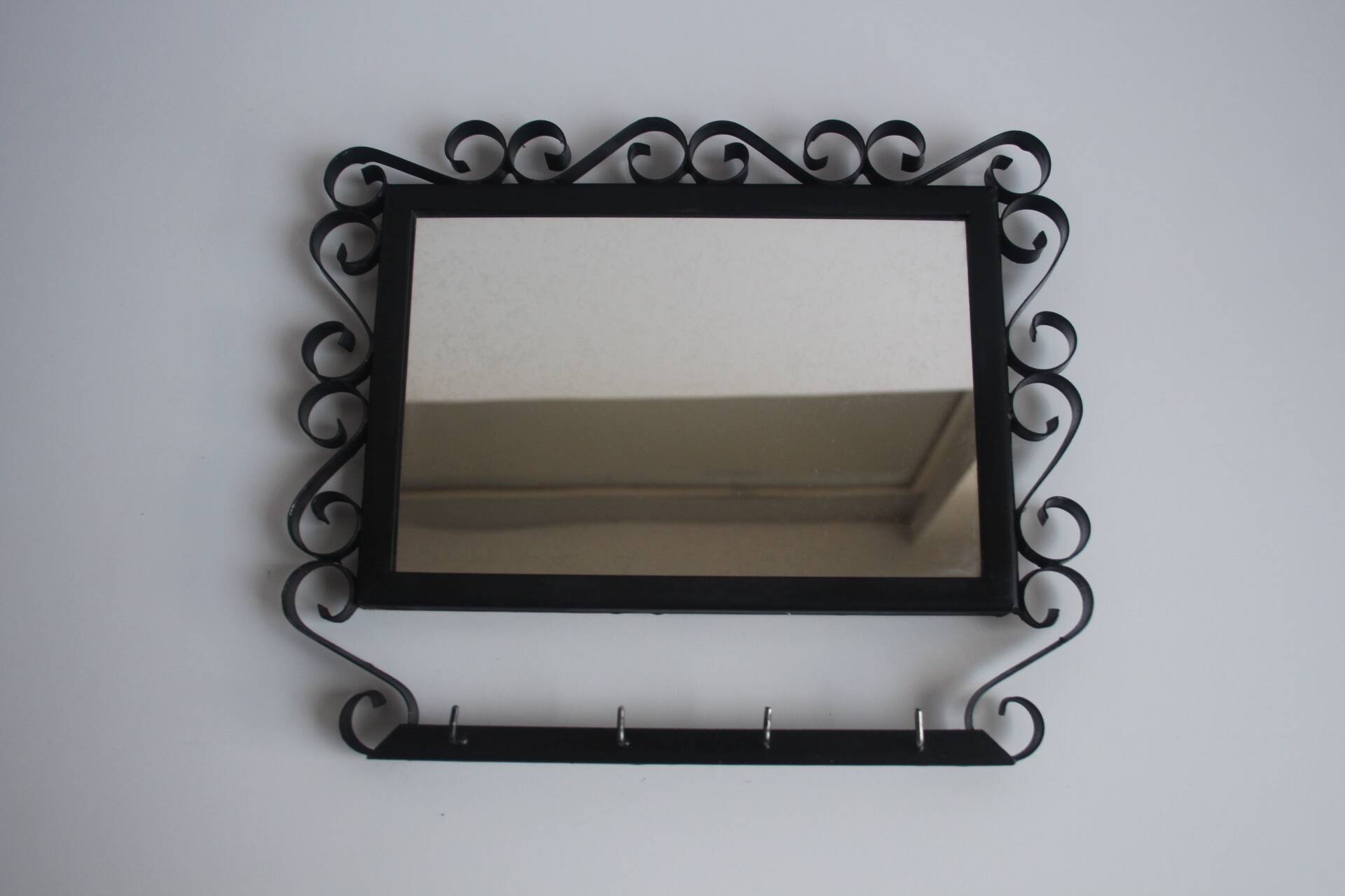 Vintage Metal Wall Mirror with Hooks, 1960's.
