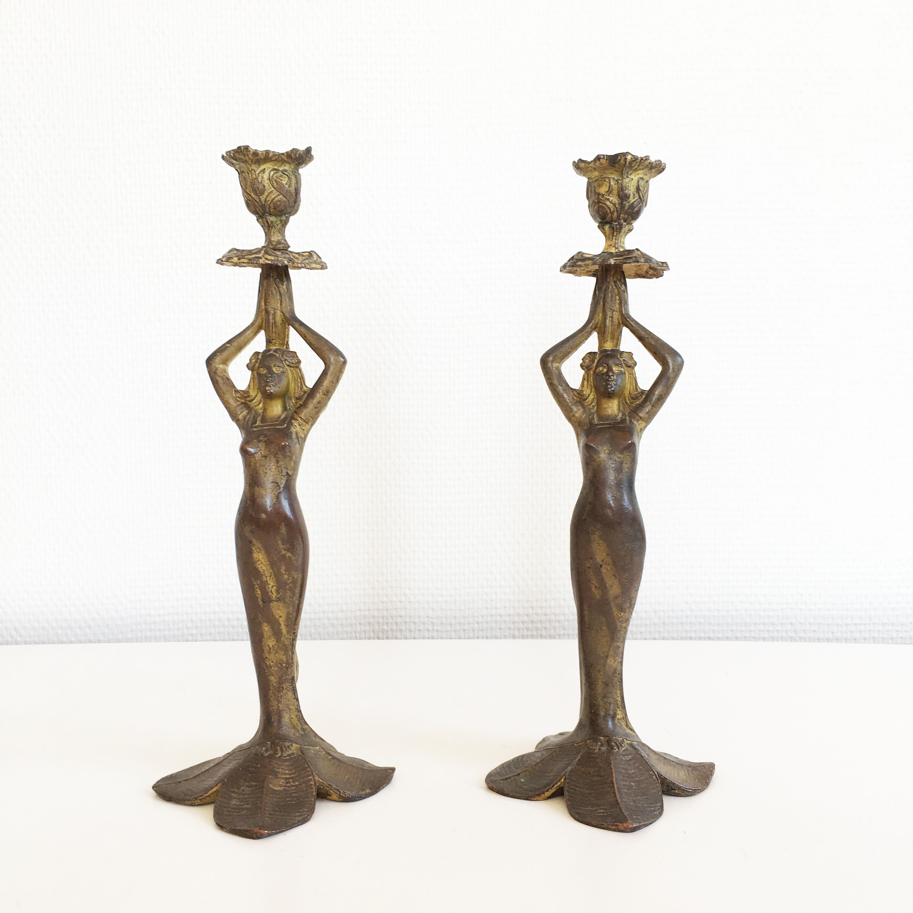 Pair of antique Mermaid candlesticks Art Nouveau