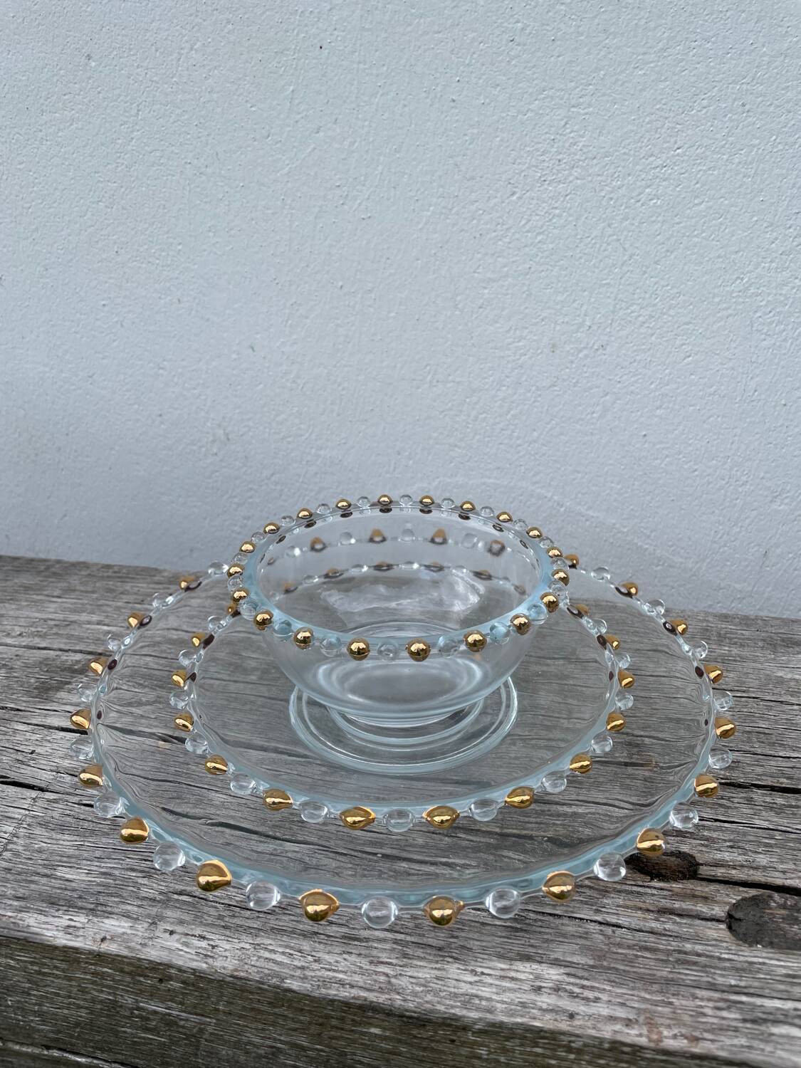 Trio of gold beaded glass dishes