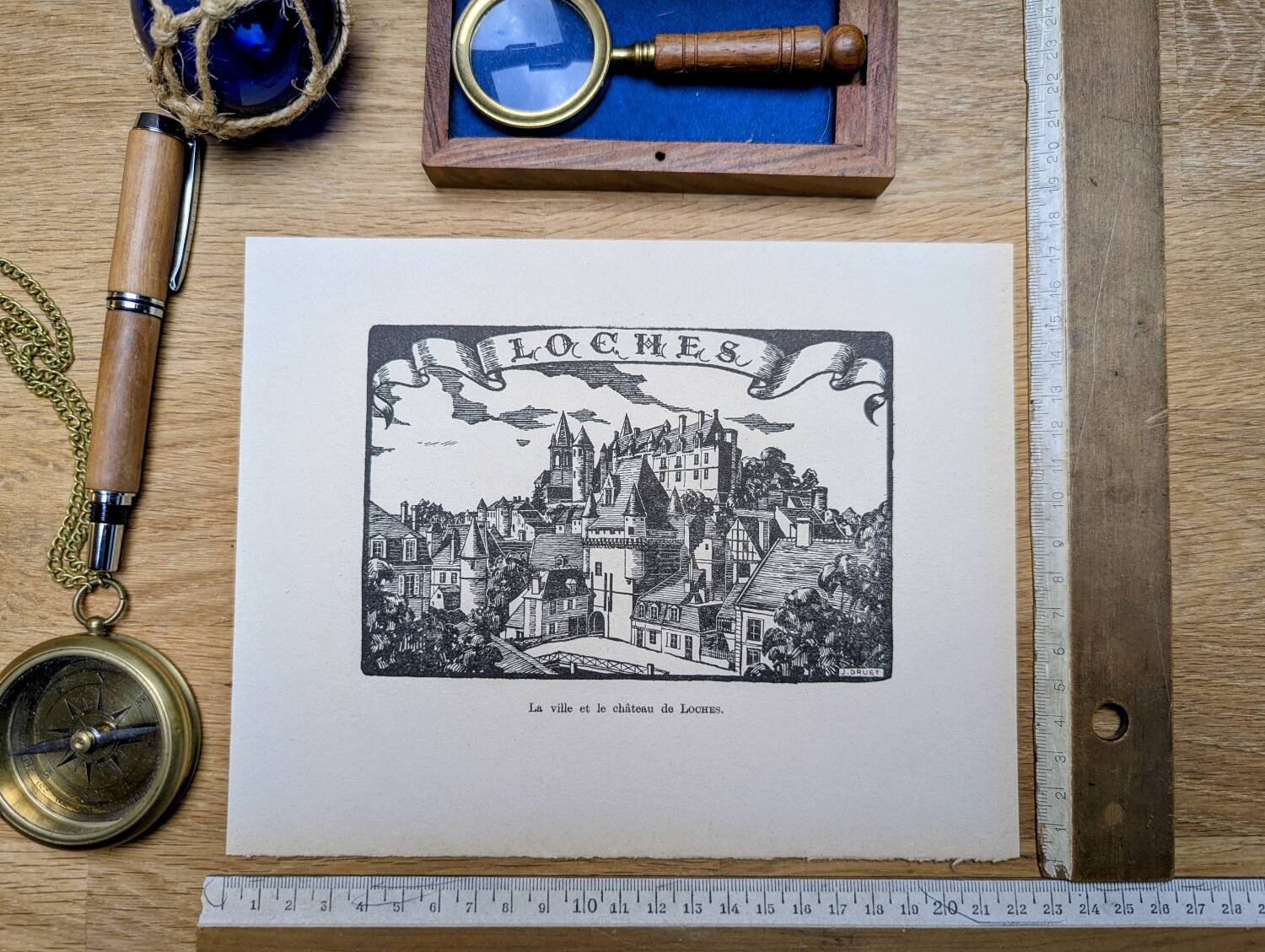 Loches, Indre-et-Loire, printed in 1933, vintage engraving.