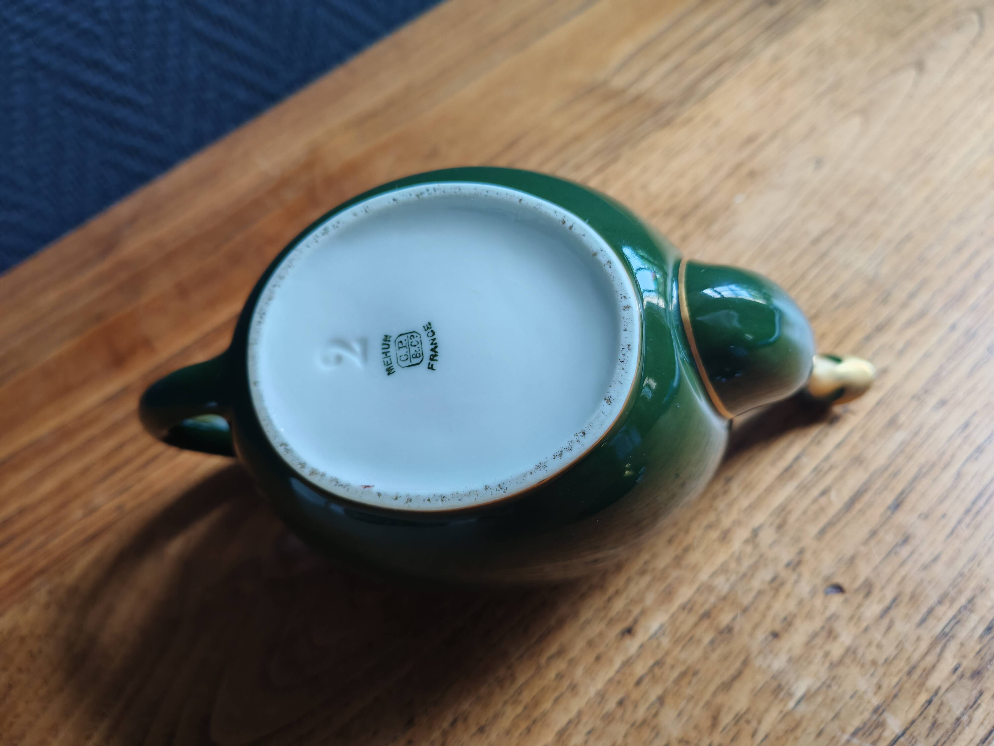 Vintage Teapot Mehun France Numbered, Green and Gold Porcelain