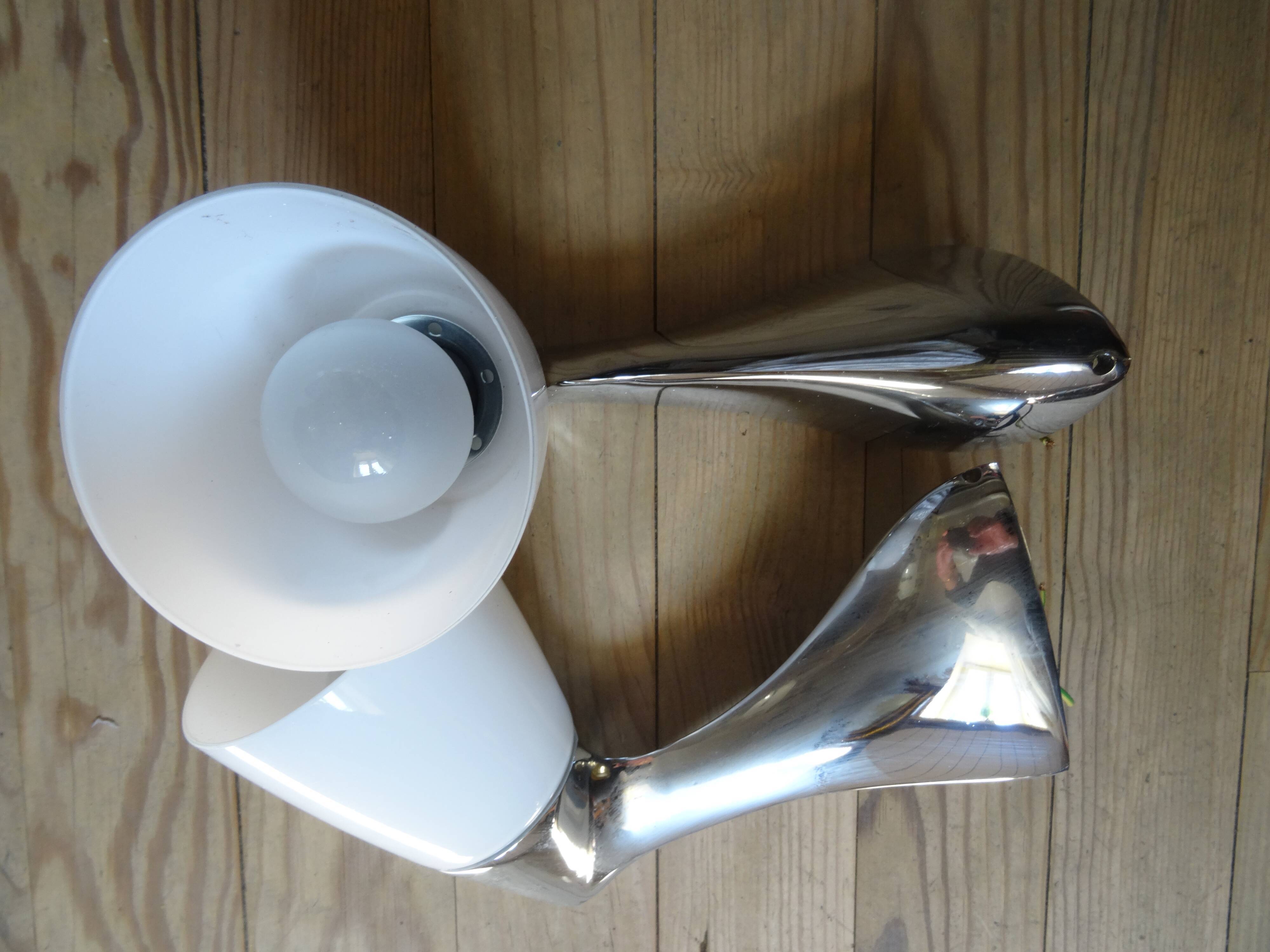 Pair of stainless steel and opaline wall lamps