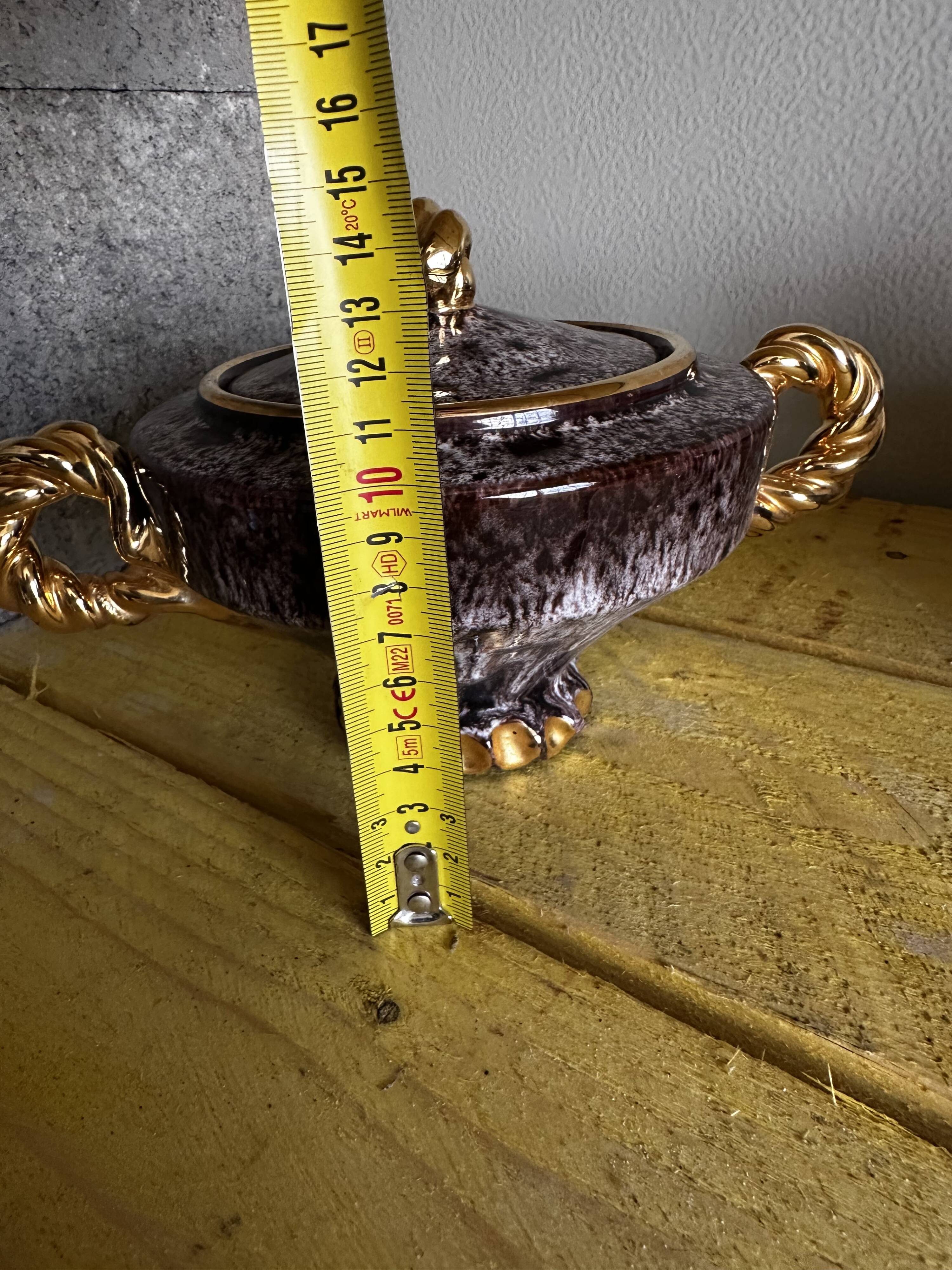 Vallauris ceramic sugar bowl, burgundy and gilded, by Marius Giuge