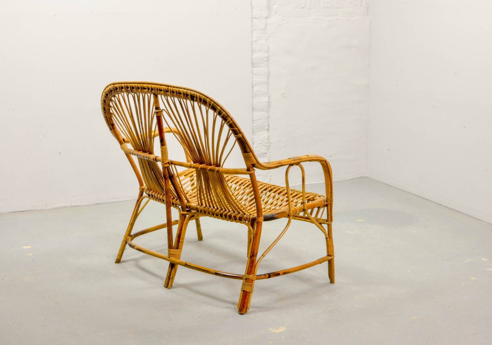 Elegant Rohé Style Vintage Design Rattan Bamboo Two-Seat Patio Sofa, 1950s.