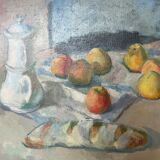 Still life with apples, bread and coffee maker - de beech
