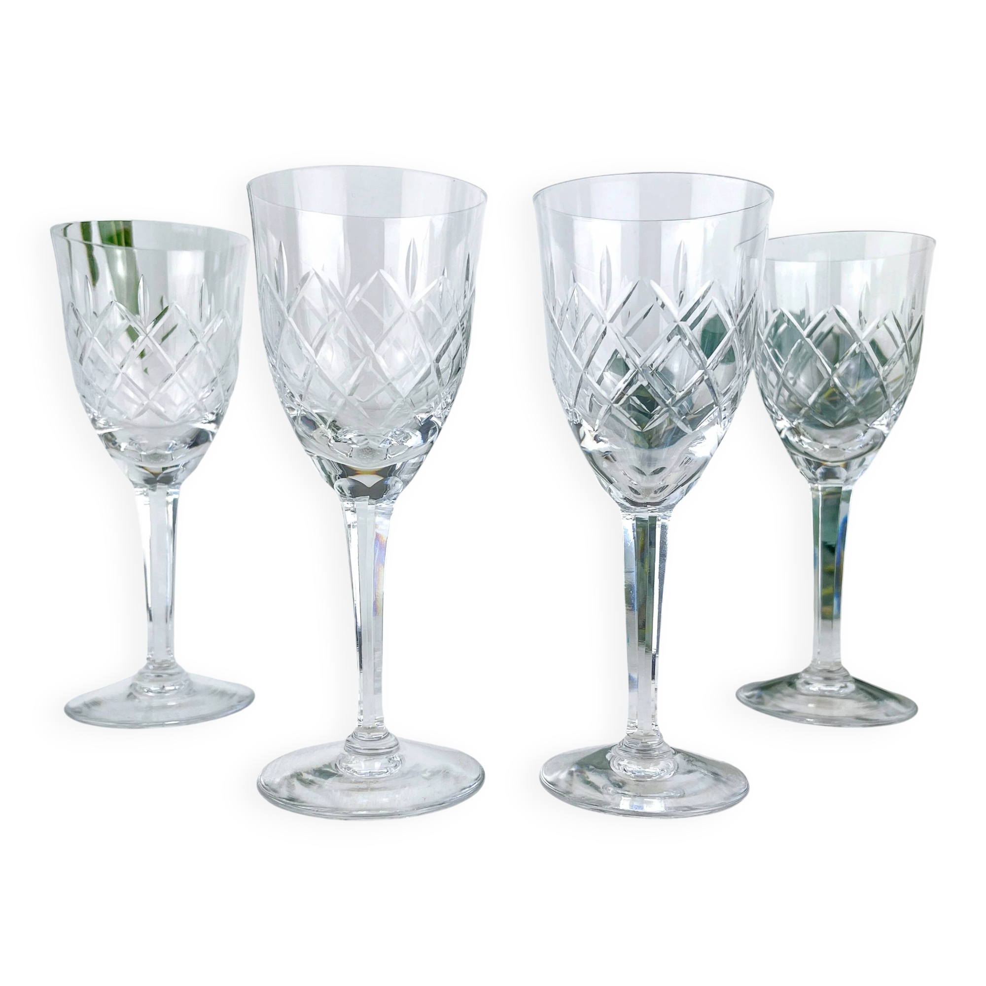 4 vintage cut crystal water glasses – Lorraine Lemberg Glassworks with original label (1950s–1970s)