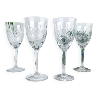 4 vintage cut crystal water glasses – Lorraine Lemberg Glassworks with original label (1950s–1970s)