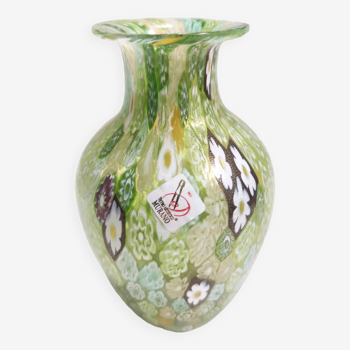 Postmodern Millefiori Green Murano Glass Vase with Murrines and Gold Leaf, Italy