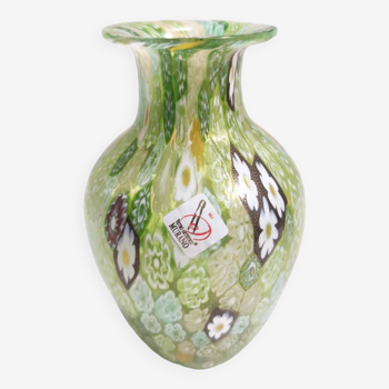 Vase postmoderne en verre de Murano vert Millefiori avec murrines et feuille d'or, Italie