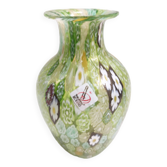 Postmodern Millefiori Green Murano Glass Vase with Murrines and Gold Leaf, Italy