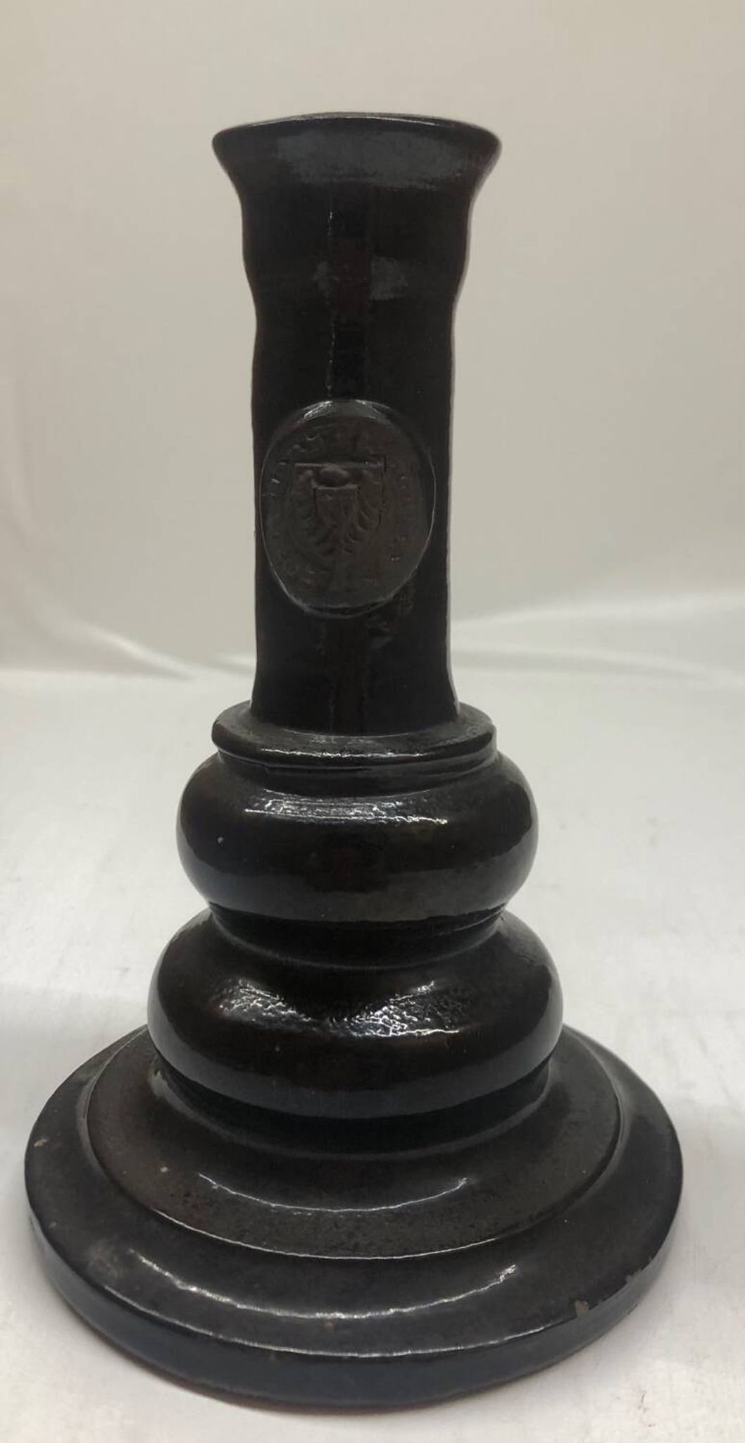 Vintage black ceramic candle holder signed AP
