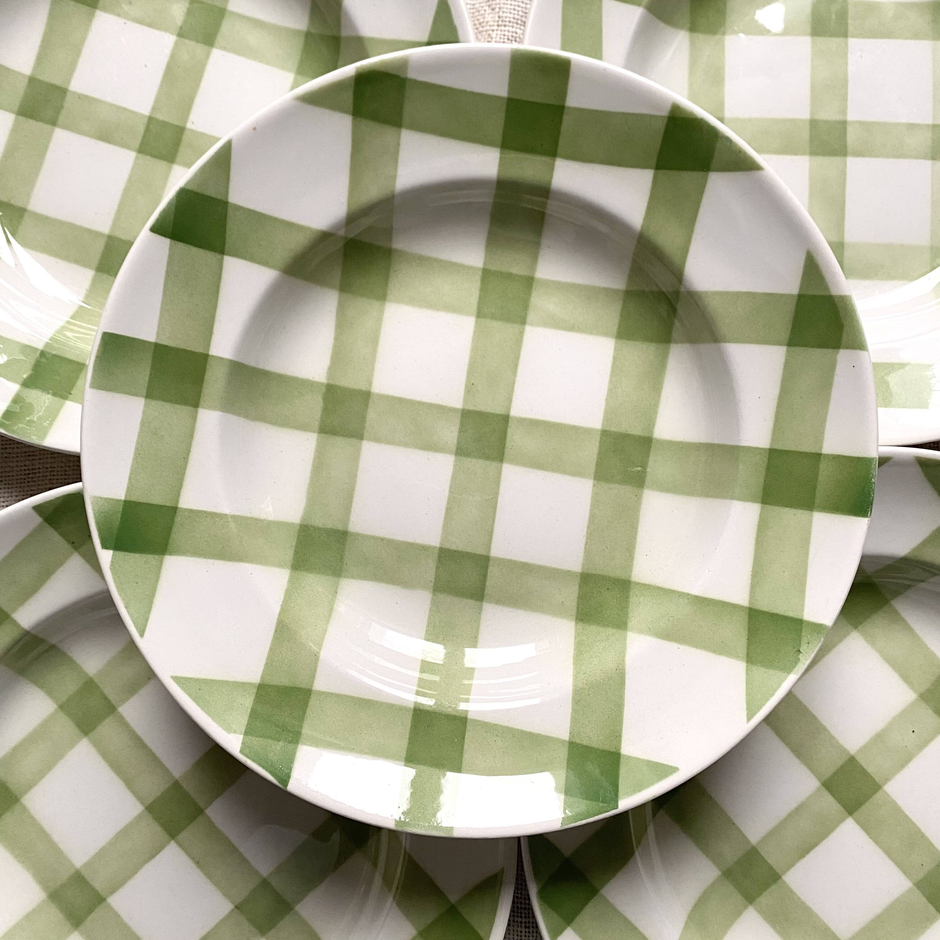 Moulins des loups soup plates, green grid