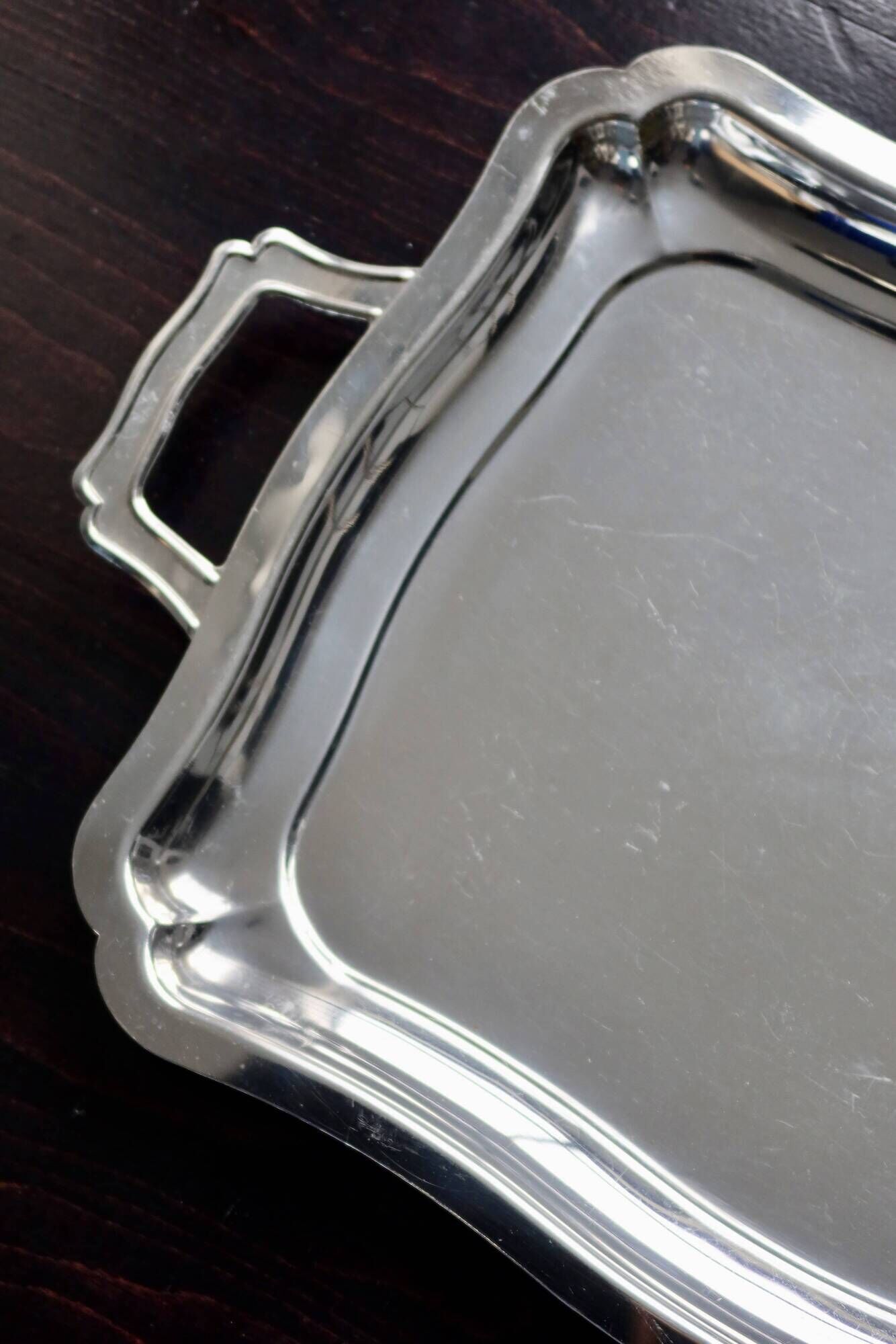Vintage rectangular tray in shiny silver metal - Bistro style