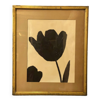 Gouache painting on canvas tulips in an antique frame