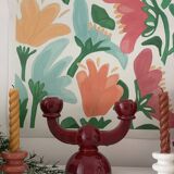 Burgundy enameled ceramic candlestick / candelabra signed CS
