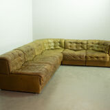 De Sede DS11 Olive Green Patched Leather Modular Sofa, 6 Elements. 1970s