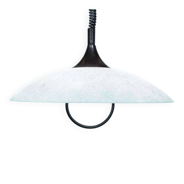 1980s Memphis glass suspension, vintage pull switch lamp.