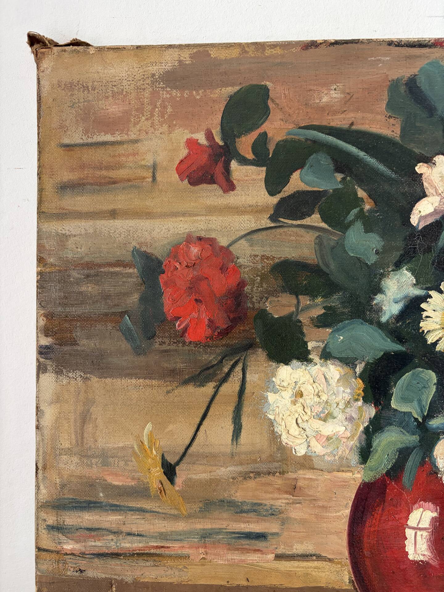 Bouquet of flowers in a red vase, early 20th century, oil on canvas signed.