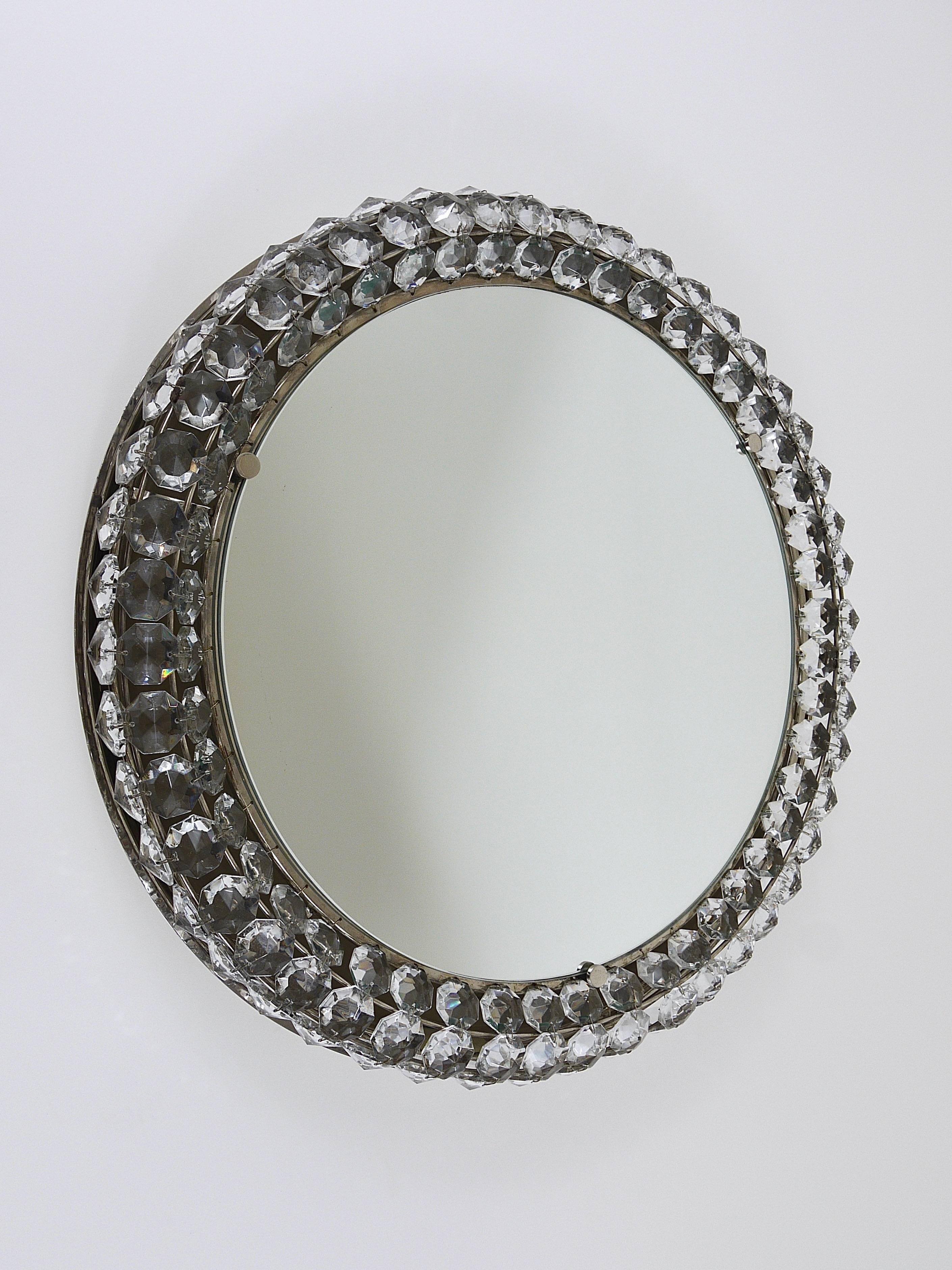 Backlit circular wall mirror Bakalowits Vienna with large crystals, Austria, 1950s