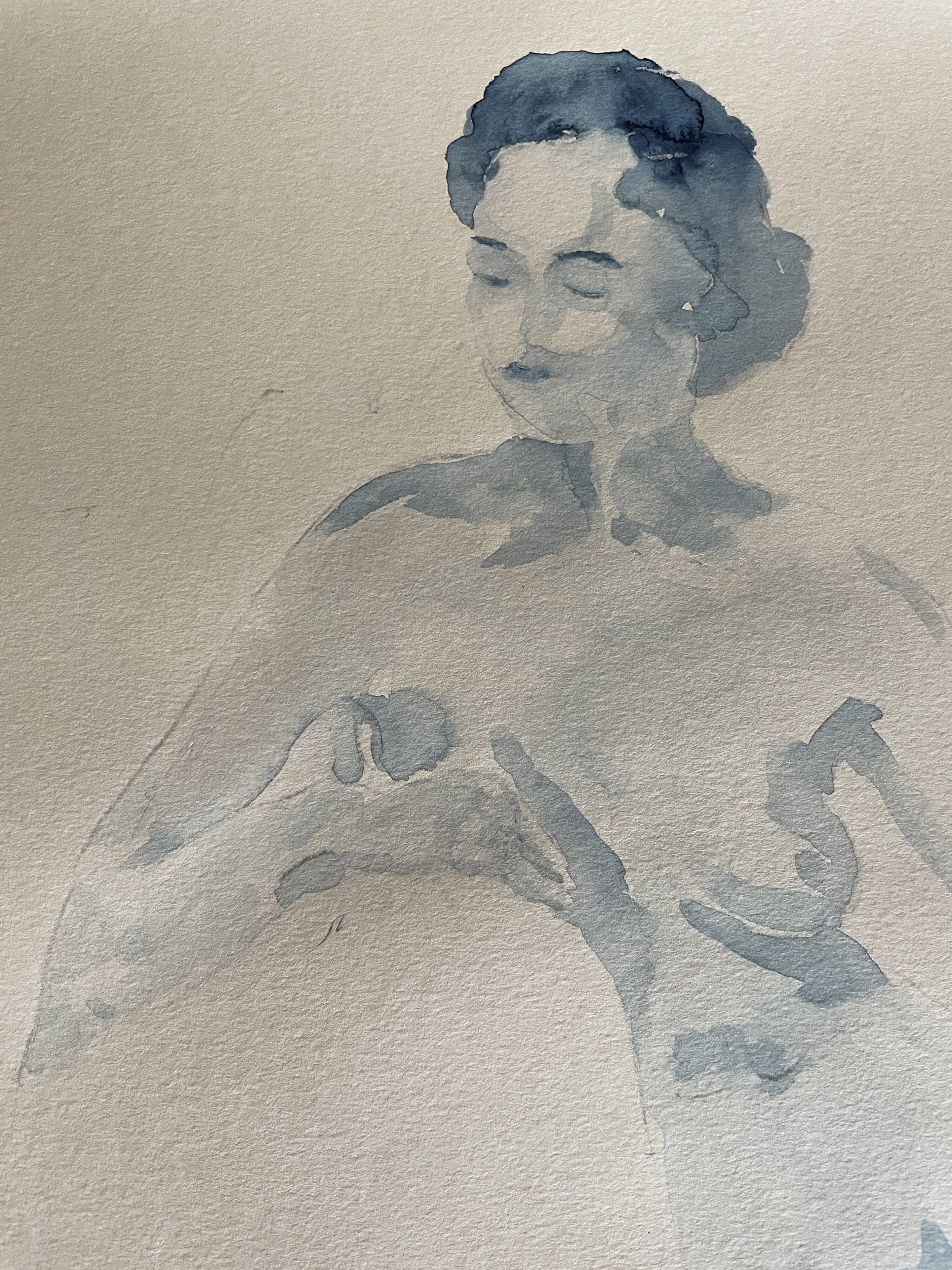 Painting signed monochrome blue black watercolor “seated woman”