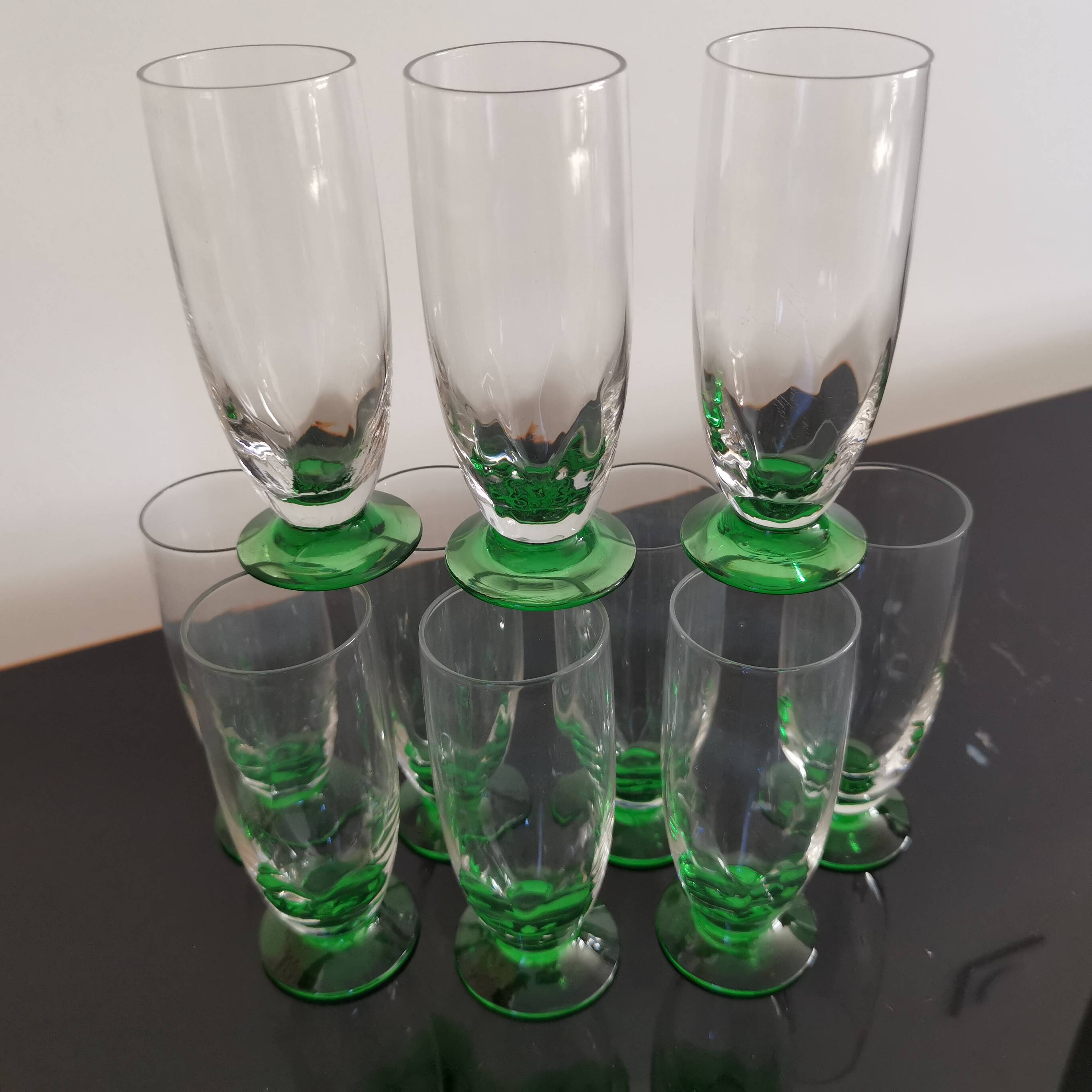 10 green stemmed glass champagne flutes from the 1930s