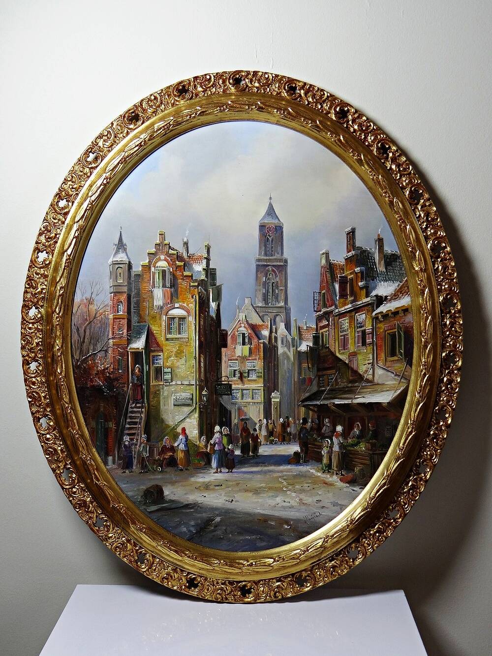 Large urban scene oil on wood framed painting John Haanstra vintage