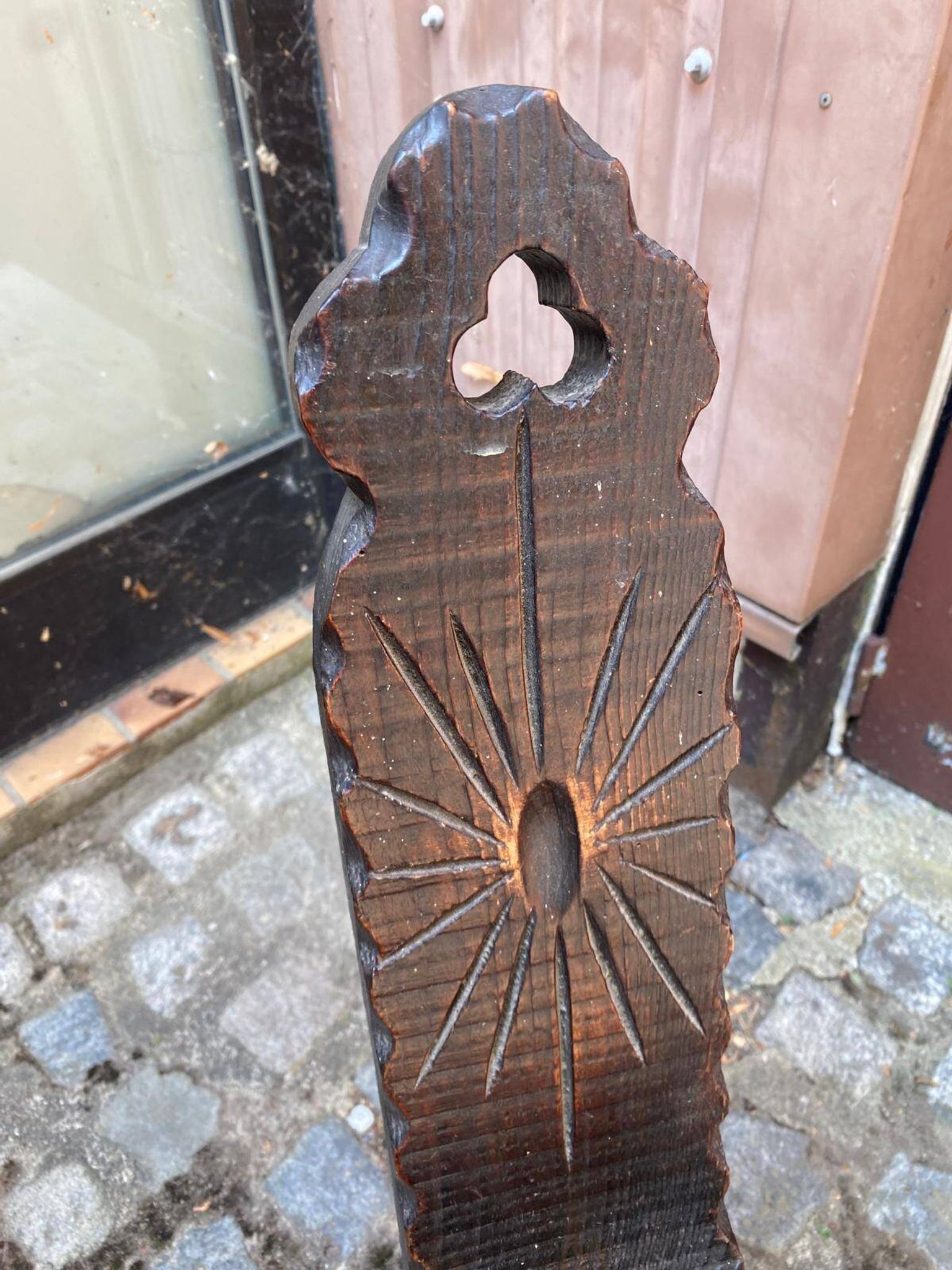 Vintage brutalist tripod chair in carved wood with wooden screw assembly XI.