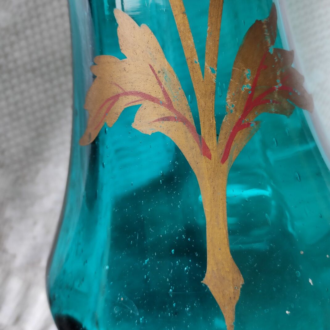 Large art nouveau turquoise blown glass vase