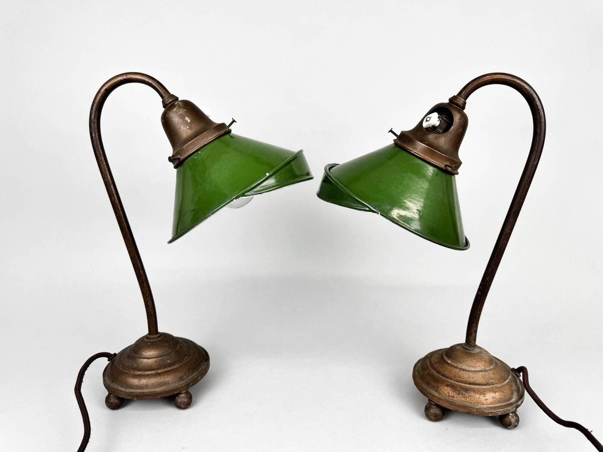 Pair of Unique 1920's Enamel & Cast Iron Desk Lamps, Czechoslovakia