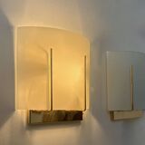 Pair of vintage wall lights, gilded brass and sandblasted glass, Italy 1970